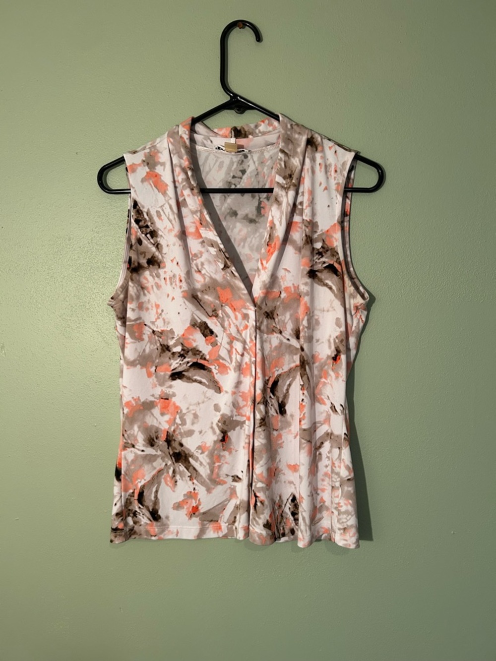 Calvin Klein Sleeveless V-Neck Floral Print Top in Coral and Taupe Women’s Med
